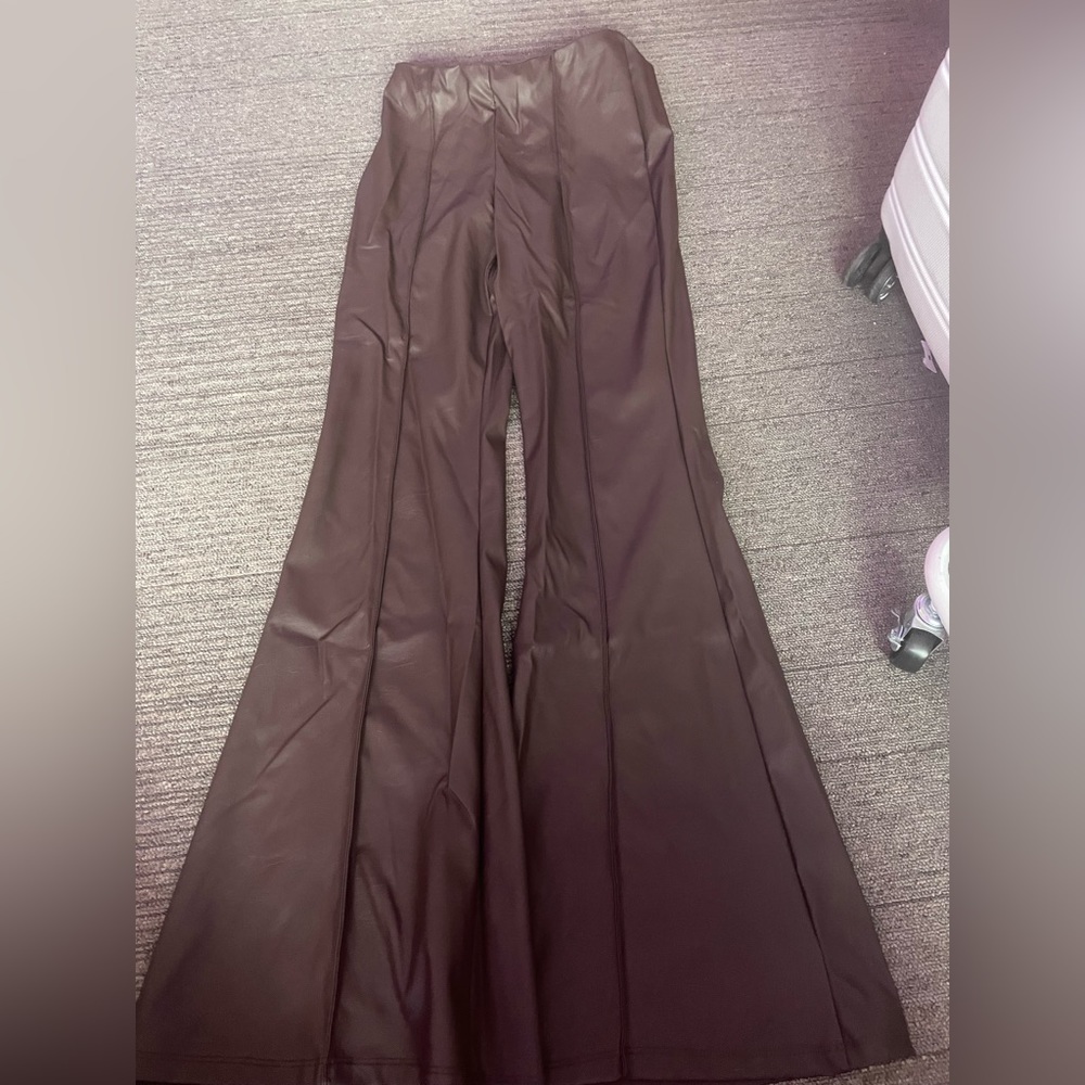 Flared Brown Faux Leather Pants